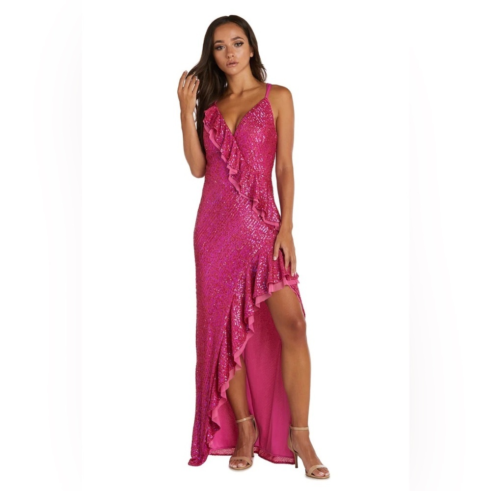 MORGAN & CO High Low Ruffle Formal Prom Dress Raspberry Pink Size 5 NWT